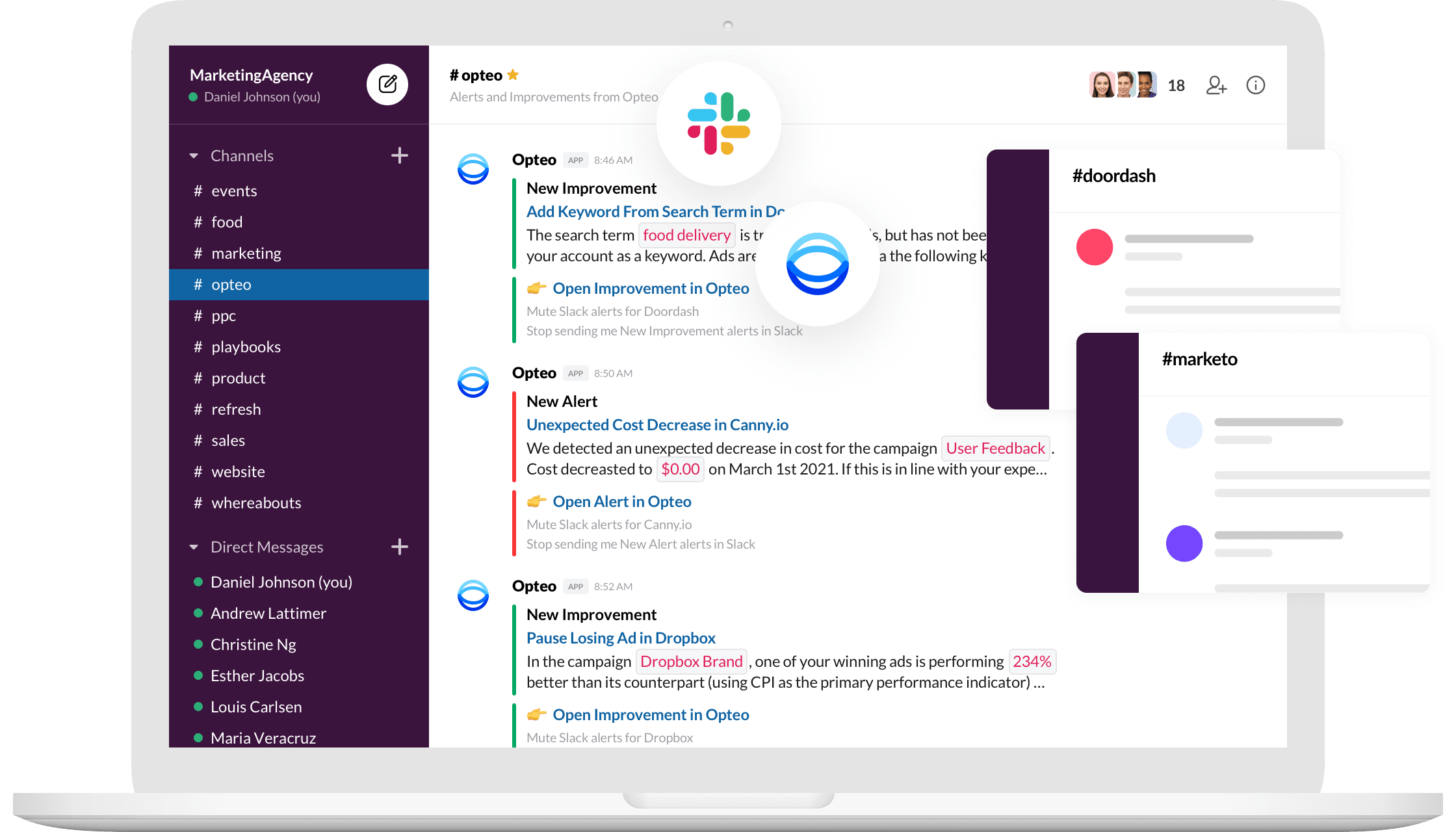 Slack app screenshot with Opteo alert notifcations being streamed into a channel.
